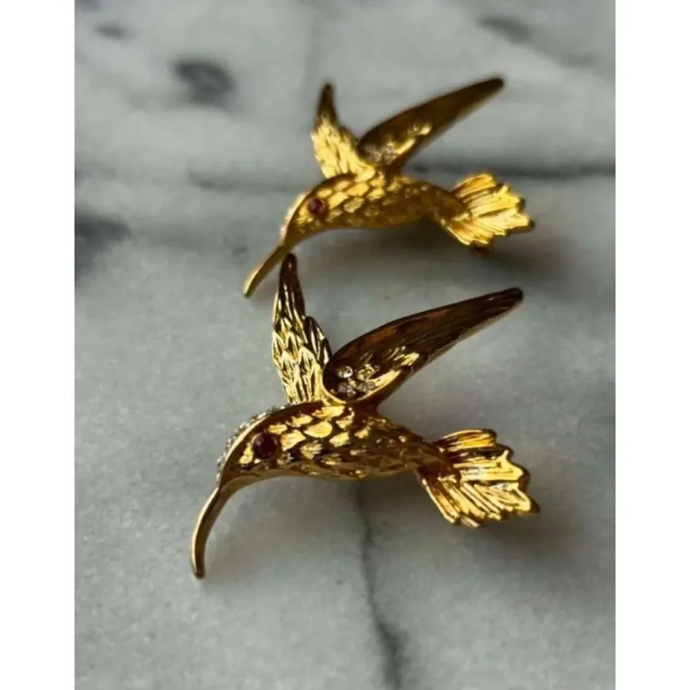 Vintage Gold Tone Hummingbird Brooches Pins Rhinestones Red Eye 1960s Lot of 2